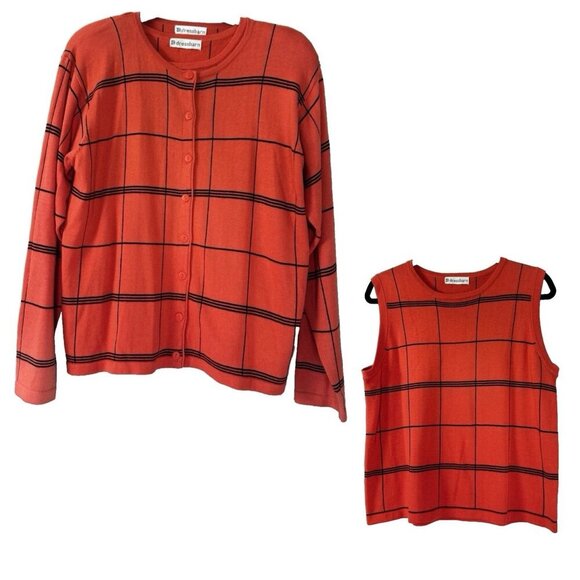 Dressbarn L Orange Black Window Pane Plaid Cardigan Cami Sweater Knit Layered - Picture 1 of 16